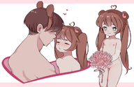 artist:puffycloudist back bouquet character:irina character:pawnii_chan cunny heart honeymoon kissing lingerie_gloves looking_at_viewer nipples nude saliva_trail twintails wedding // 1763x1157 // 726KB