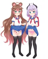 2girls artist:koucha character:irina character:komorebi_pyu commission lifting_skirt panties randoseru school_uniform strawberry_panties thigh_highs uoh // 3314x4096 // 650KB