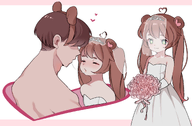 artist:puffycloudist back bouquet character:irina character:pawnii_chan heart honeymoon kissing looking_at_viewer saliva_trail twintails wedding wedding_dress wedding_gloves wedding_tiara wedding_veil // 1763x1157 // 740KB