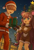 artist:ahaha_kun bell character:irina character:pawnii_chan christmas christmas_present christmas_tree fan_commission reindeer_costume santa_costume santa_hat snowing star // 2854x4096 // 784KB