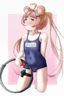 artist:eggmosan blush character:irina kneeling ringfit swimsuit twintails // 1366x2048 // 253KB